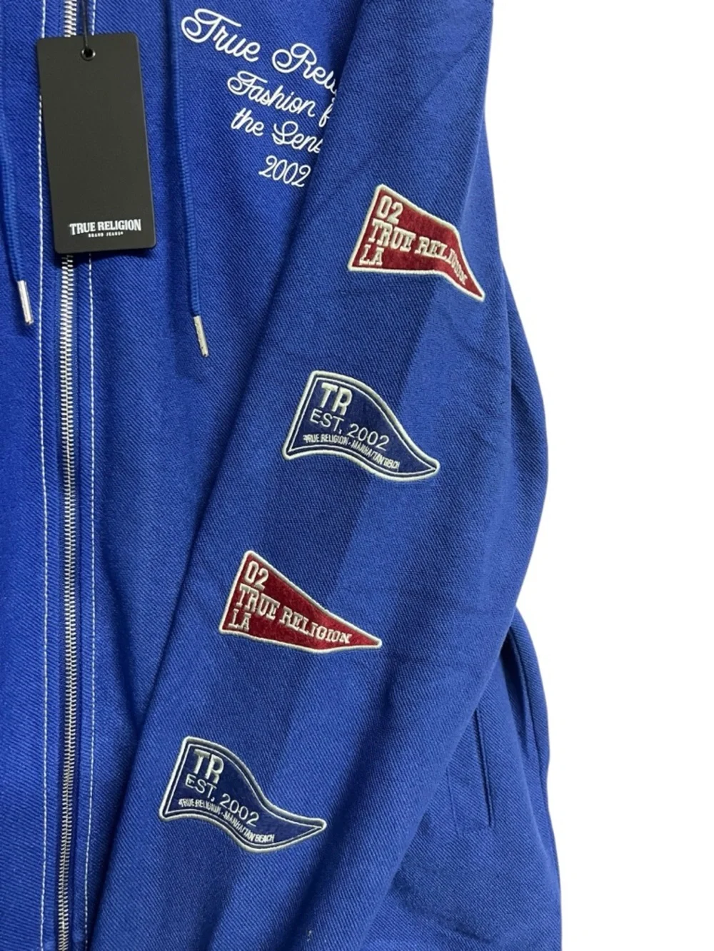 NWT True Religion Reverse Terry Blue‎ Zip-Up Hoodie with Embroidered Details 3X